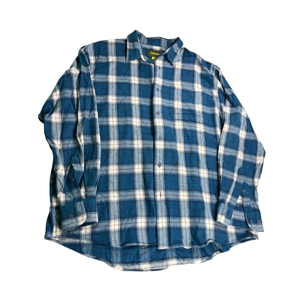 Cabela's Men's XL Blue Plaid Flannel Button Front Shirt 100% Cotton Long Sleeve